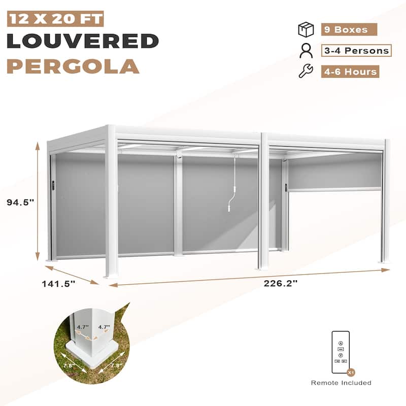 EROMMY Outdoor Louvered Pergola Gazebo with Adjustable Aluminum Rainproof Roof and Pull-Down Screen