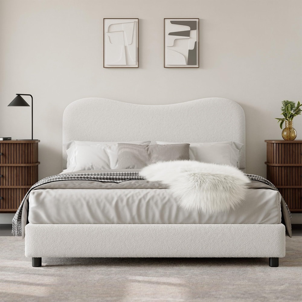 Low Profile Sturdy Platform Bed, with Velvet Upholstered Headboard, Strong Wooden Slats