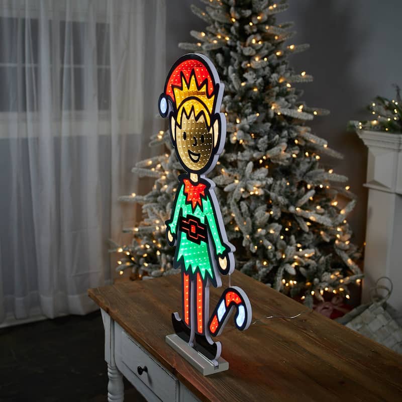 Acrylic Plastic Elf with Candy Cane and Infinity Light Effect - 14.75” x 2.75” x 29” (L x W x H)