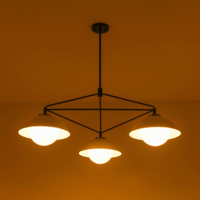 3-Light 41.9" W Mid-Century Modern Matte Black Dome Geometric Metal Chandelier with Opal Glass Globe Shades