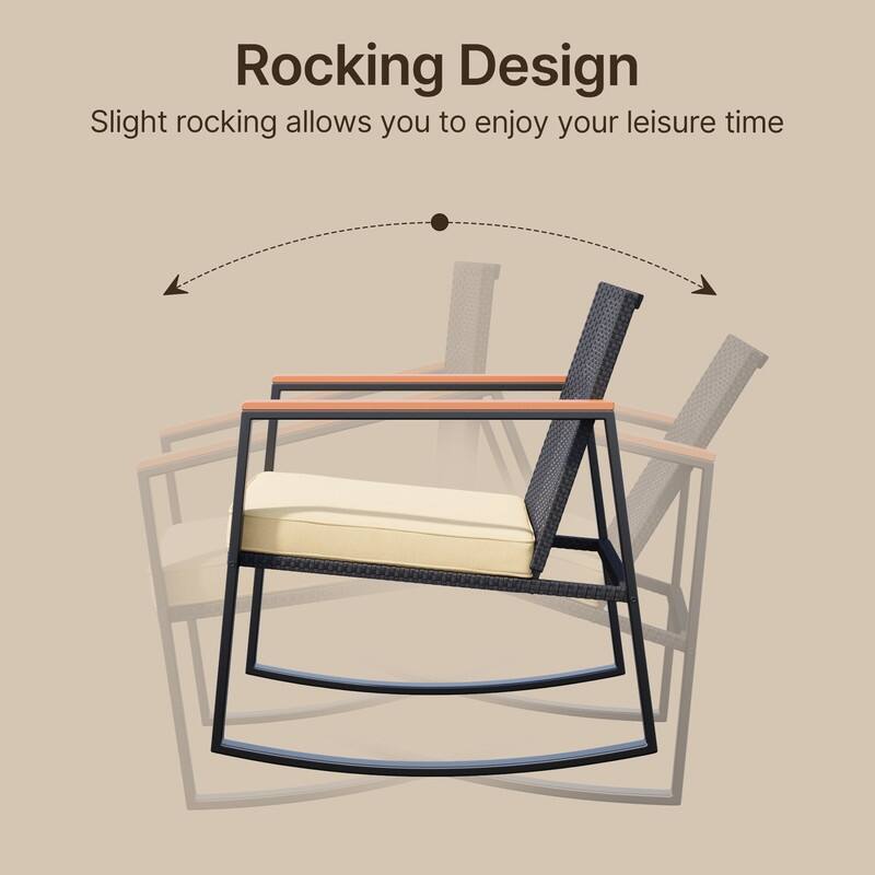 3 Pieces Rocking Patio Bistro Set with Anti-Scald Armrest, Outdoor Patio Wicker Furniture Set with Glass Table and Cushion