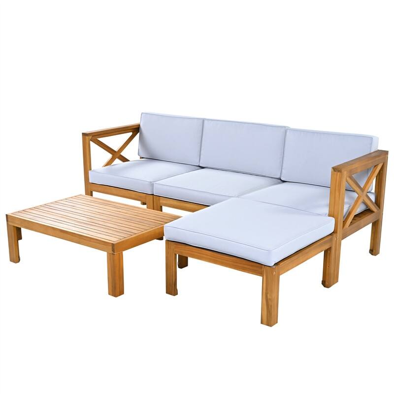 5-Piece Acacia Wood Patio Furniture Set, Outdoor Sectional Conversation Sets Sofa Set with Coffee Table and X-Back Wood Frame