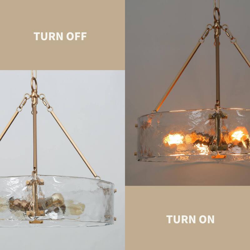 Modern 4-Light Gold Drum Chandelier Textured Glass Pendant Kitchen Island Lights for Dining Room - 19.5" D x 19" H