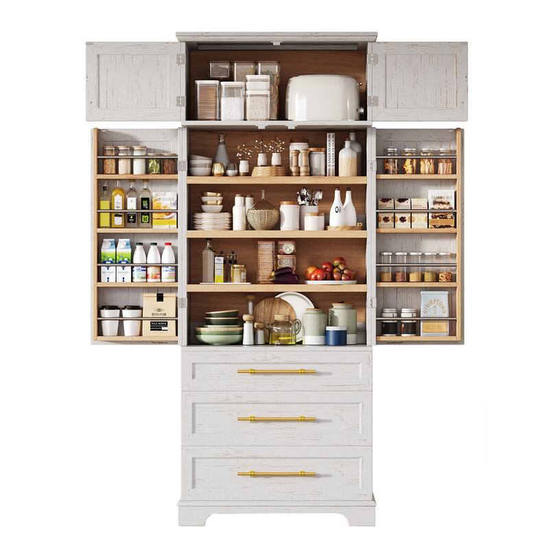 Freestanding Pantry Cabinet, Tall Storage Cupboard with 8 Door Shelves, 3 Adjustable Shelves, 3 Large Drawers, Kitchen Hutch