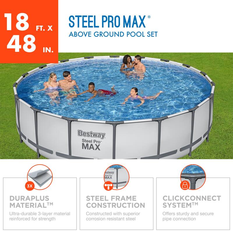 Bestway Steel Pro MAX 18'x48" Round Above Ground Swimming Pool with Pump & Cover - 18' x 48"