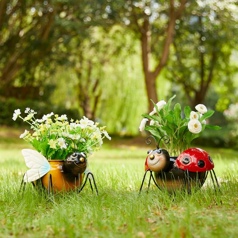 Glitzhome 10"W Set of 2 Metal Bee and Ladybug Statue Planter with Drainage Hole