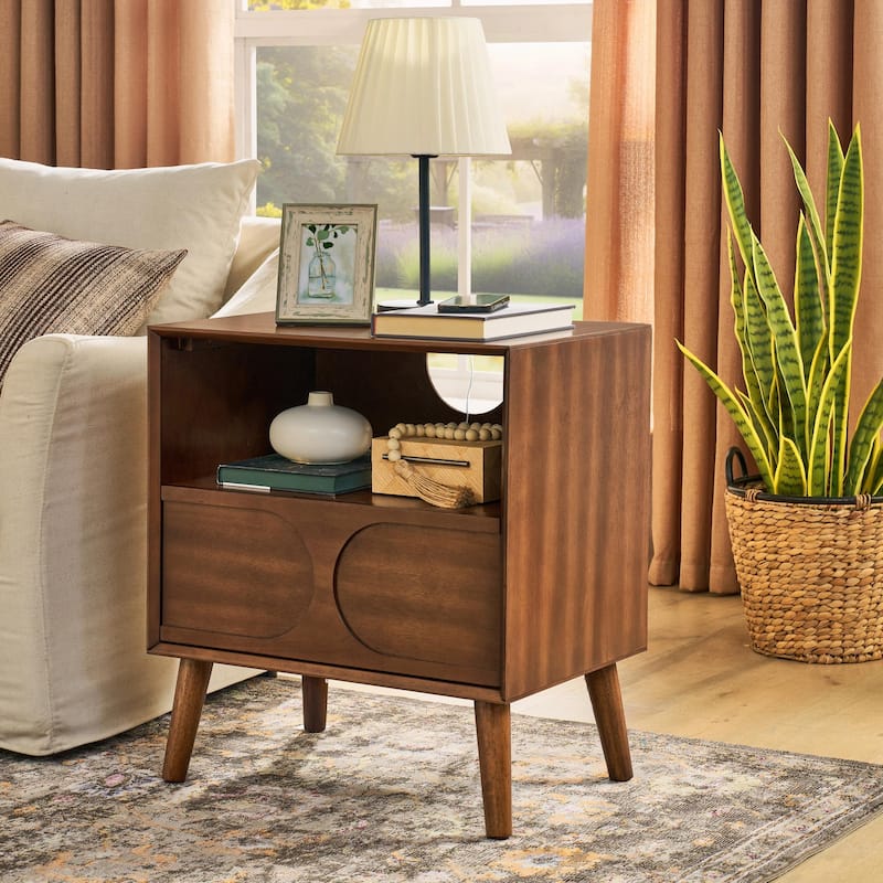 Mid Century Nightstand with Charging Station, USB Ports & Drawer, Walnut Finish - Walnut
