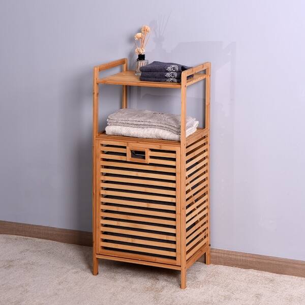 Bathroom Laundry Basket Bamboo Storage Basket with 2tier Shelf Bed