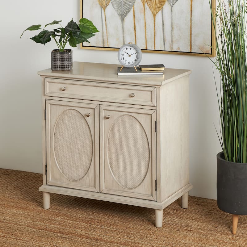 Wooden Geometric Oval Rattan Front 2 Door and 1 Drawer Cabinet - Light Gray - Roche River Decor - 18"W x 34"L x 35"H
