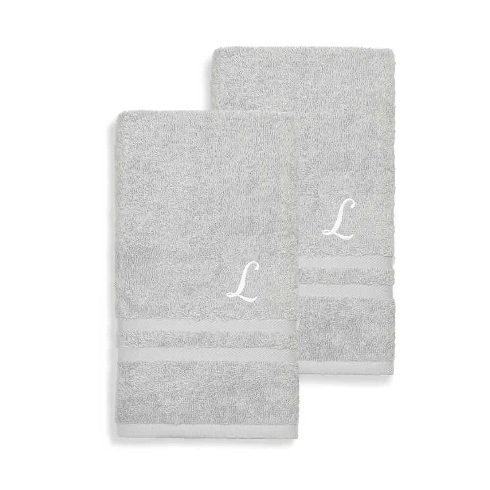 Gracewood Hollow John Turkish Cotton Set of 2 Grey Hand Towels with White Script Monogr