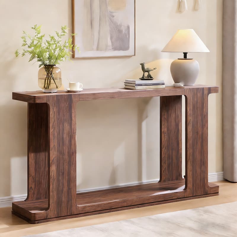 Modern 63" Entryway Console Table, Long Sofa Table with Curved Edge - Rustic Walnut