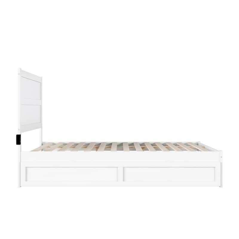 Twin XL Trundle Bed with Charging Station - HomeStock Platform Bed Frame - White Finish