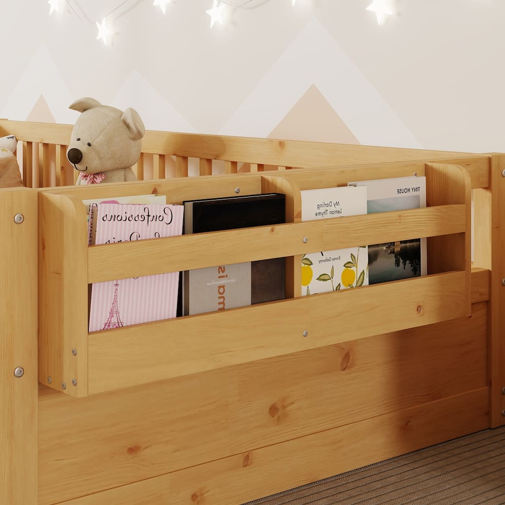 Twin Size Floor Bed Safety Kids Bed with High Guardrails (19.6 inch), Concise Bed Frame for Boys Girls Kids Toddler, Natural