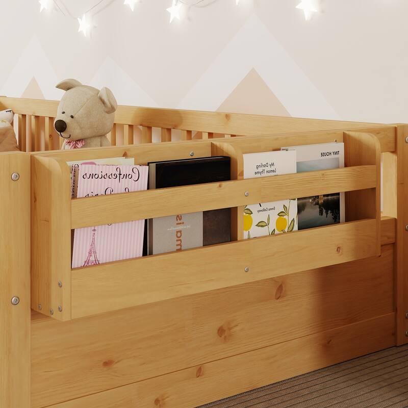 Wooden Kids Montessori Floor Bed with LED Light and Storage Shelf, No Slats