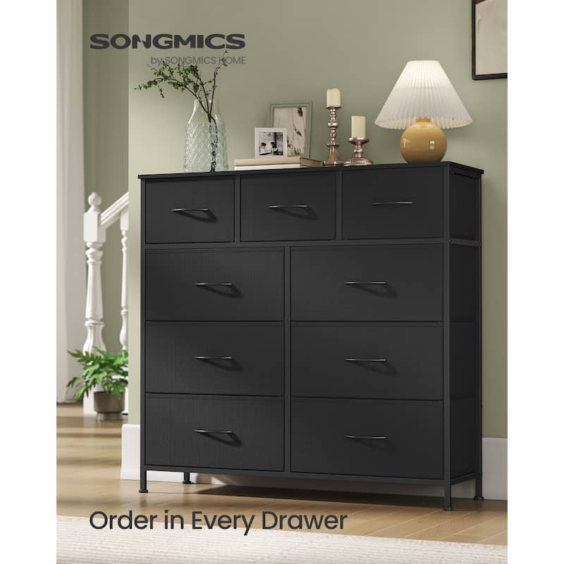 Drawer Fabric Dresser with Steel Frame & Wood Top Modern Storage Chest for Bedroom Closet or Living Room - Ink Black + Ebony Black - 9-drawer