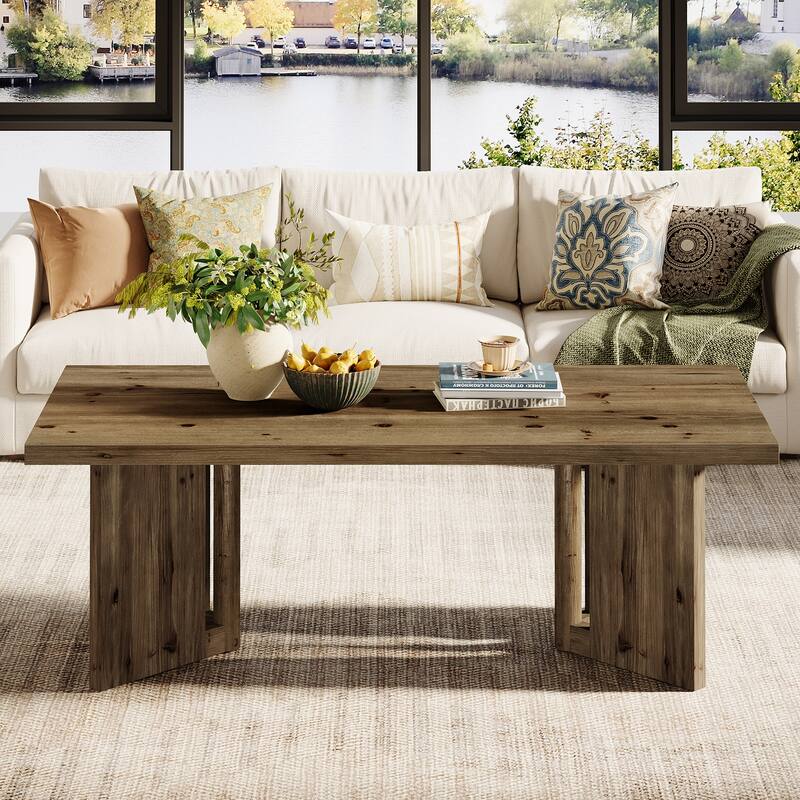 Farmhouse Solid Wood Rectangle Coffee Table, Living Room Center Tea Accent Table