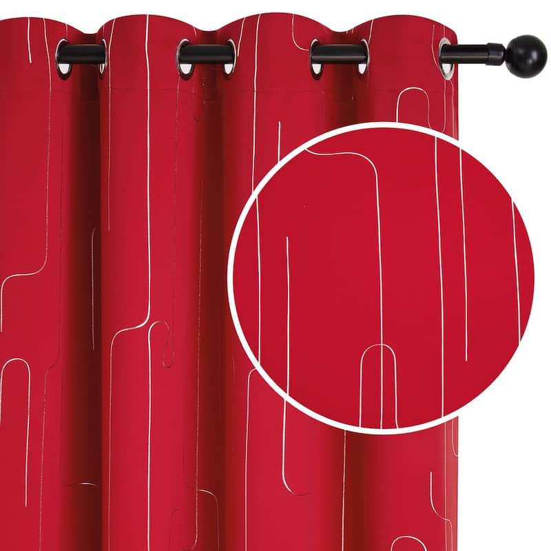 Grommet Curtains, Room Darkening Window Drapes with Lines Foil Print - W52 X L54 - Red