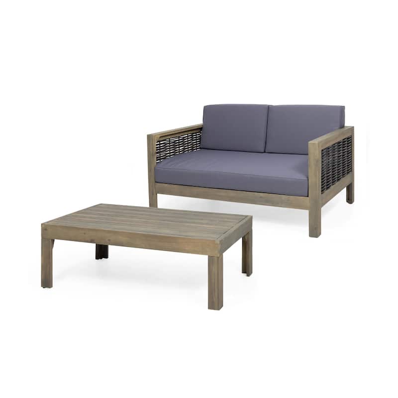 Linwood Acacia Wood and Wicker Outdoor Loveseat and Coffee Table Set with Cushions by Christopher Knight Home