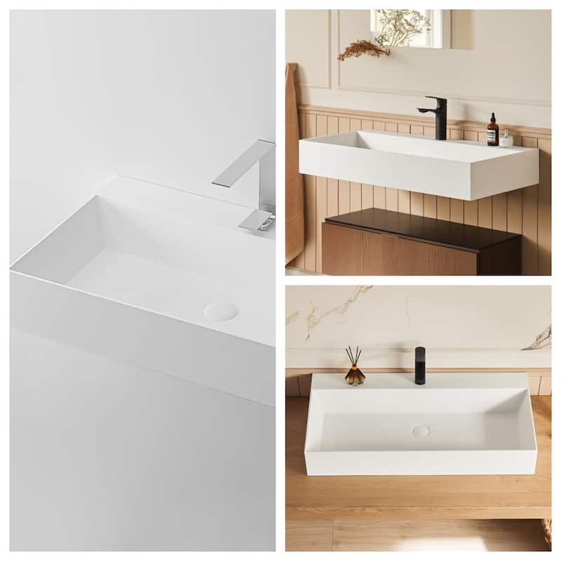 36" Stone Resin Wall Mount Rectangle Vessel Sink with Faucet Hole