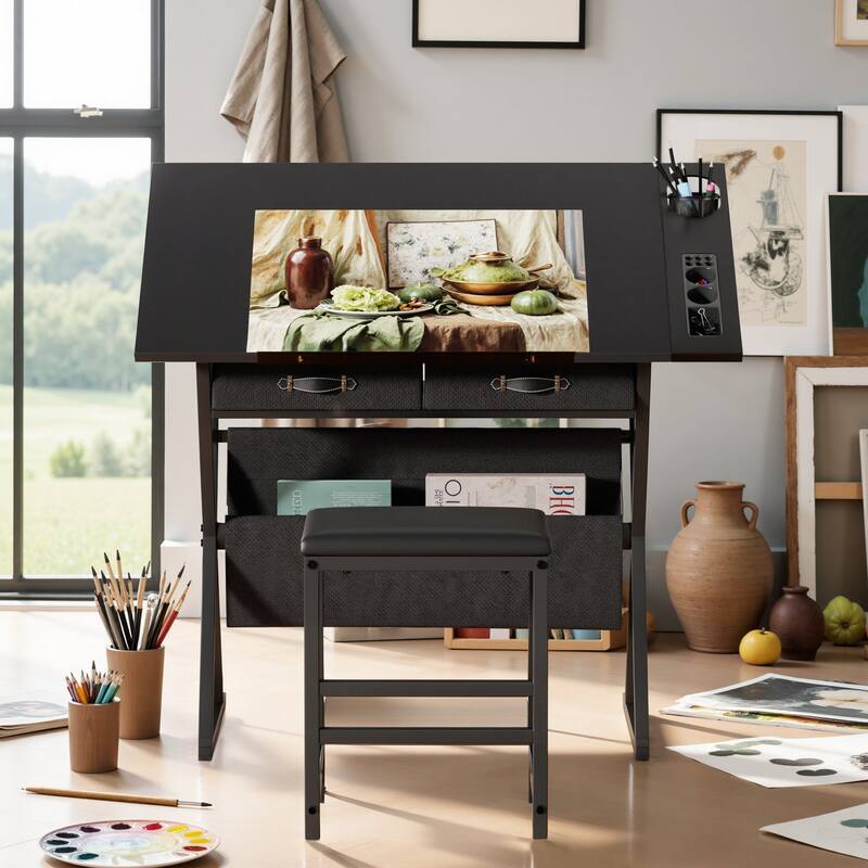 VECELO Drafting Table Set with Stool Set of 2 Tilting Art Desk with Pencil Ledge Storage Drawers with X-Frame for Home Studio - Black