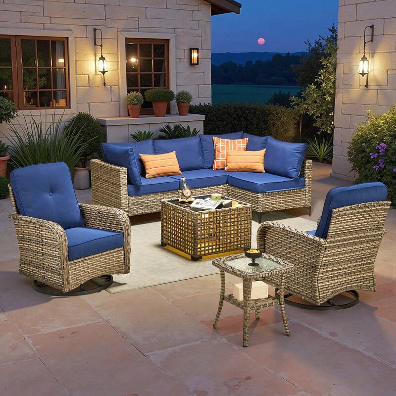 HOOOWOOO 8-piece Outdoor Seating Sofa Patio Wicker Swivel Chair Set - Navy Blue