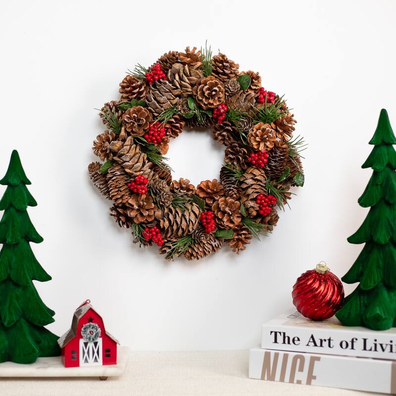 Frosted Pinecone and Red Berry Artificial Christmas Wreath - 13" - Unlit