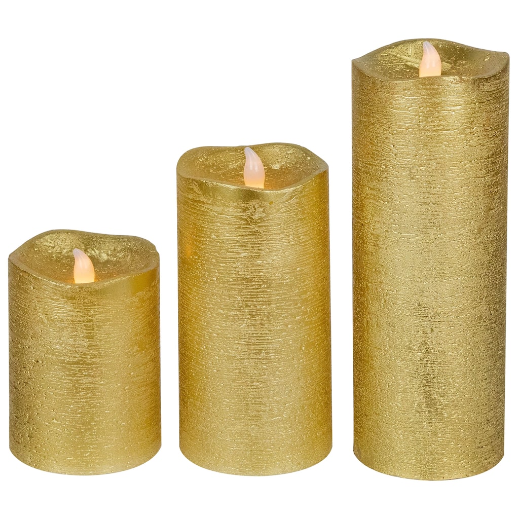 LED Brushed Flameless Christmas Pillar Candles - 8" - Gold Finish - Set of 3