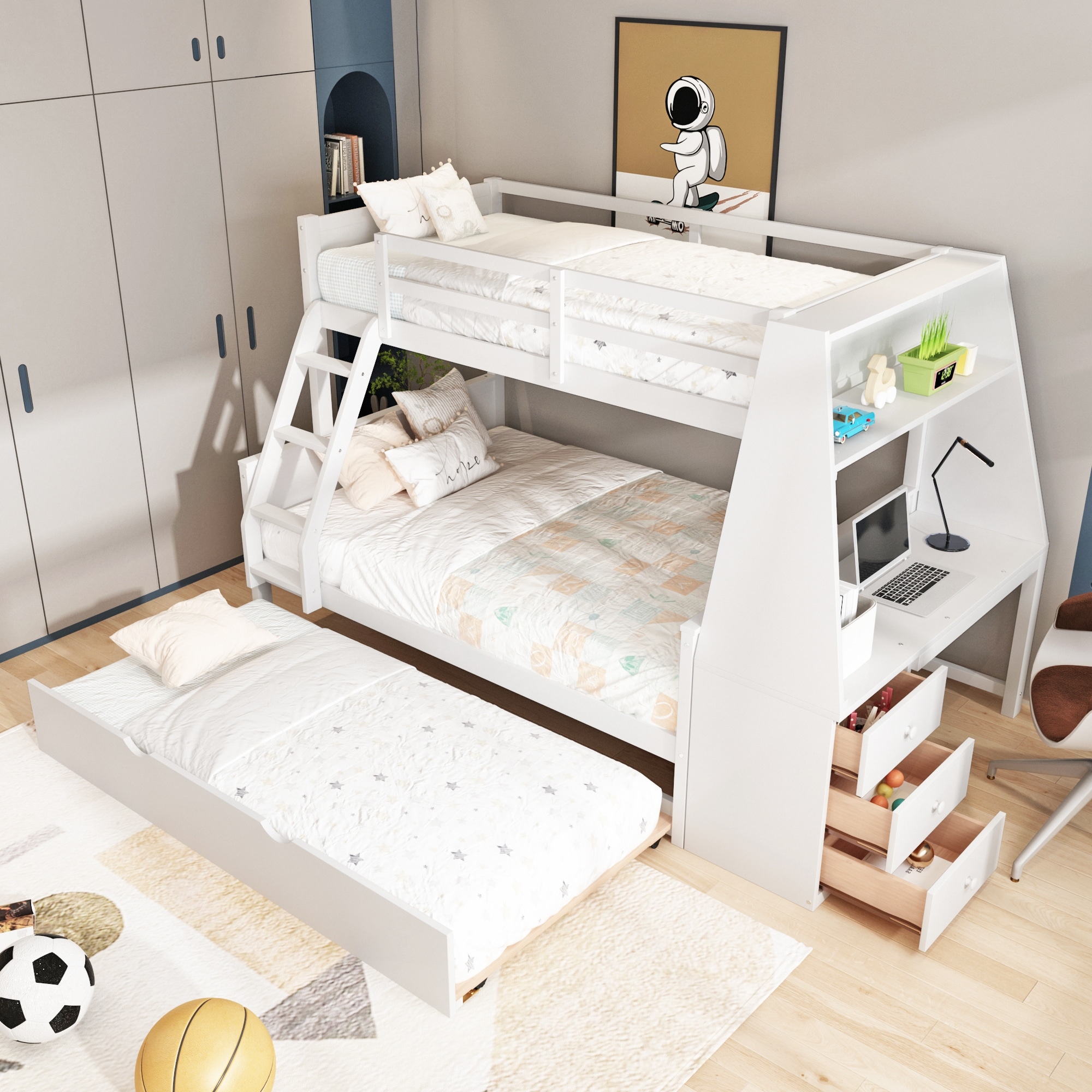 Twin over Full Bunk Bed with Trundle and Built in Desk 3 Drawers