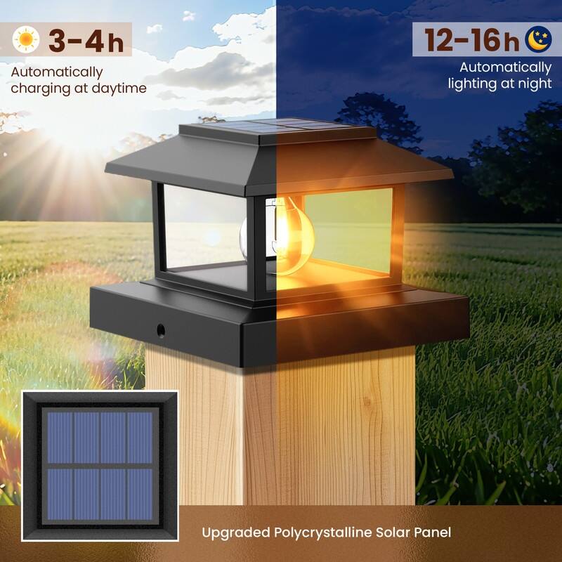 Solar 4x4 Post Cap Light with Warm White Tungsten Bulb, Waterproof Deck Fence Light, Black