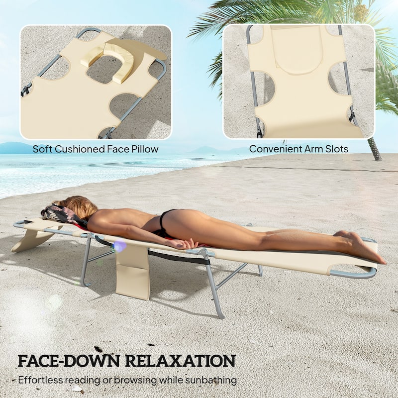 Outsunny Chaise Lounge Chair Outdoor Set of 2 with Face Arm Hole, 5-Position Reclining Face Down Tanning Chair with Carry Strap