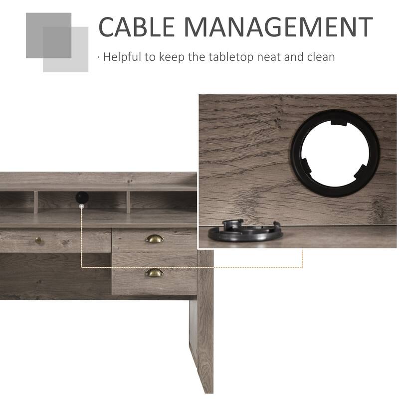 HOMCOM Computer Table Writing Desk with Hutch 3 Drawers, Open Cabinets, Top Shelf, Wide Tabletop, Cable Management, Grey