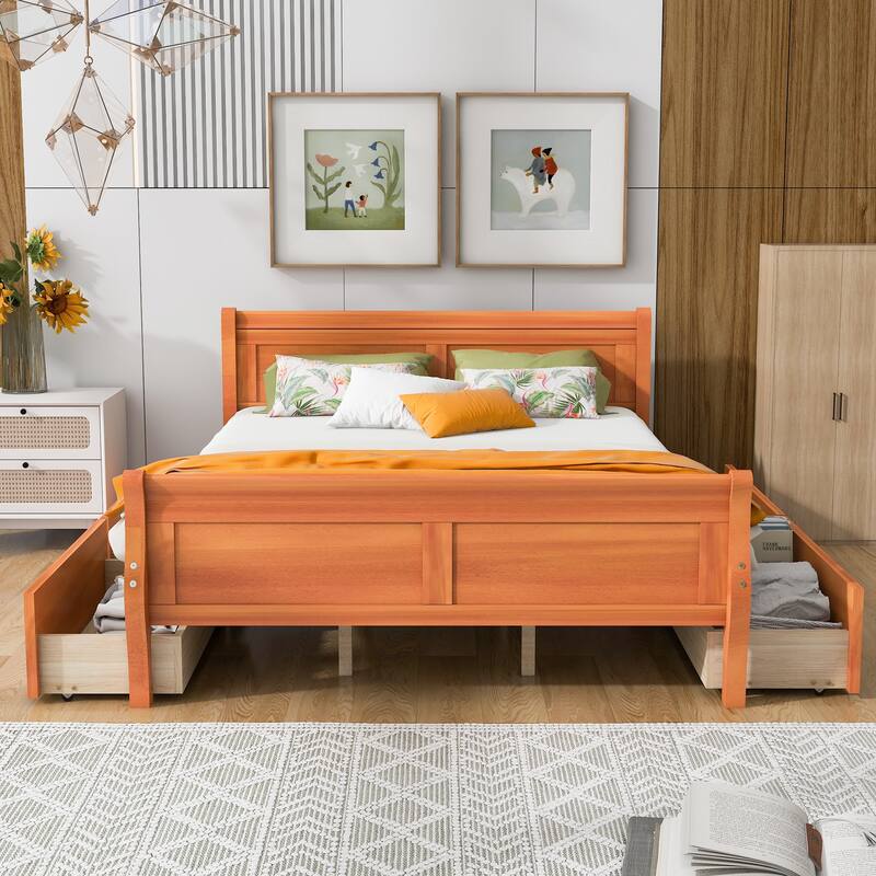 Wood Platform Bed with 4 Drawers and Streamlined Headboard & Footboard