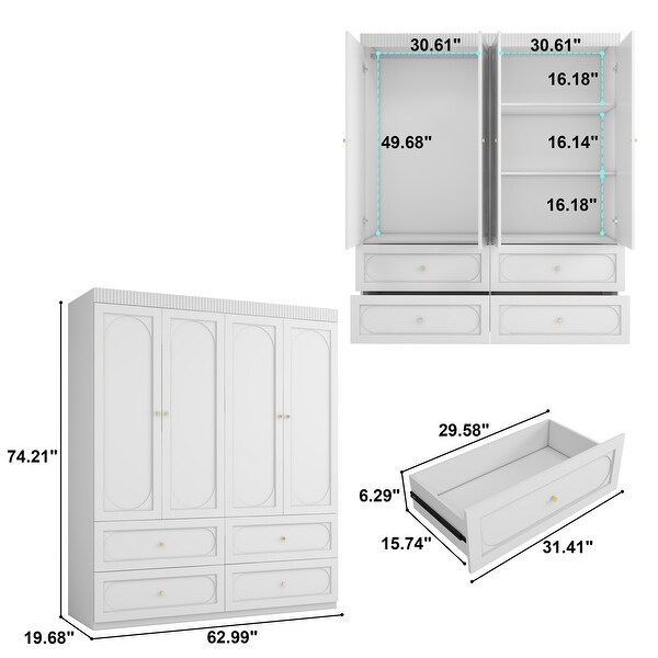 Modern 4-Door Wardrobe with 4 Drawers, Multi-Purpose Storage