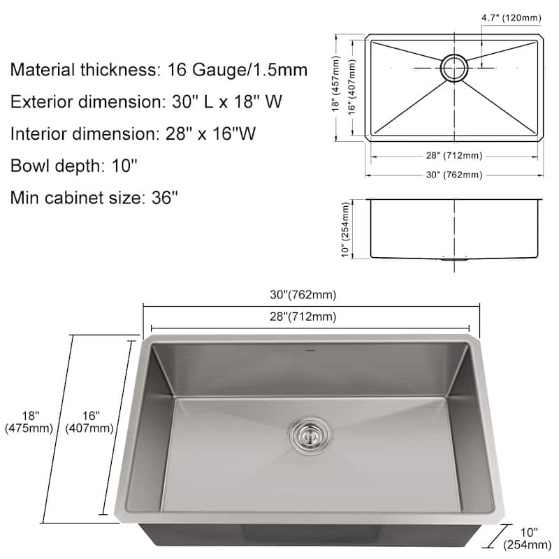 WOWOW 30 in. Drop In/Undermount Single Bowl 16-Gauge Kitchen Sink - 30 X 18 inch