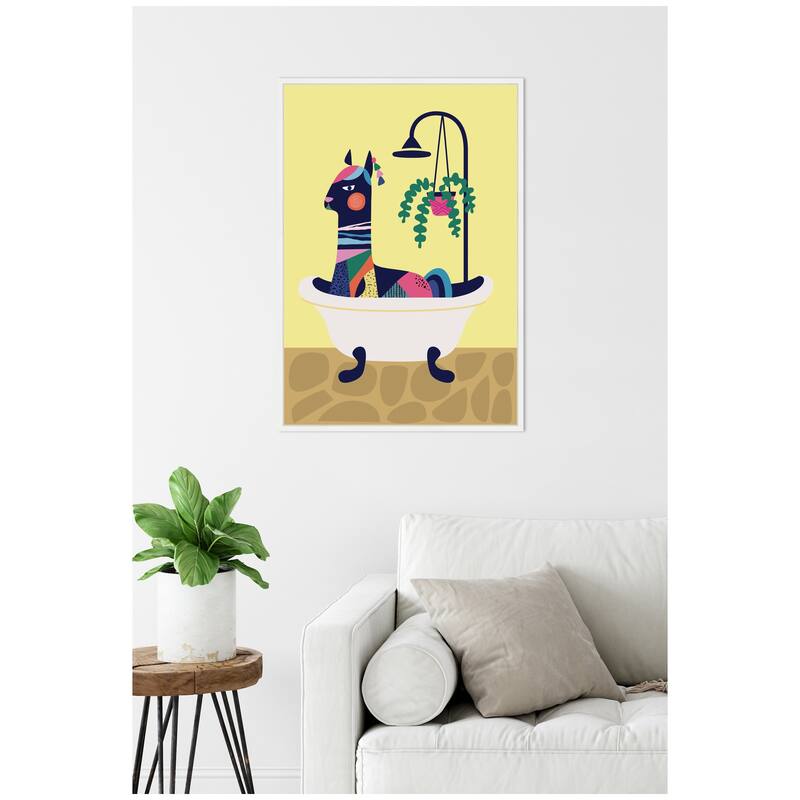 Kate and Laurel Sylvie Modern Yellow Llama in Bathtub Framed Canvas by Rachel Lee