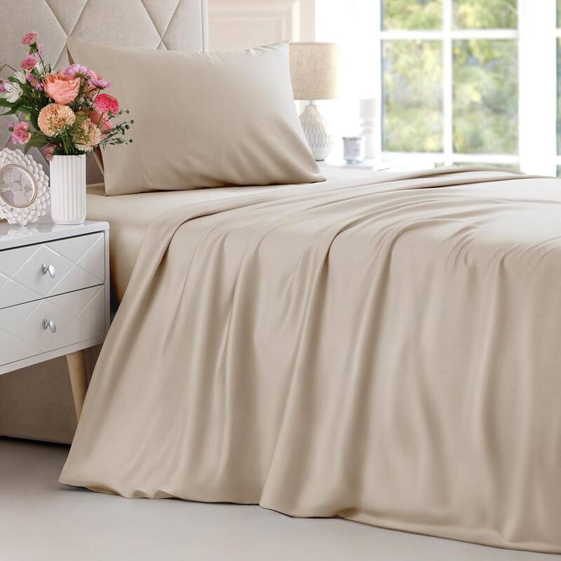 CGK Linens Solid Rayon From Bamboo 4 Piece Deep Pocket Soft Bed Sheet Set - Twin - Wheat
