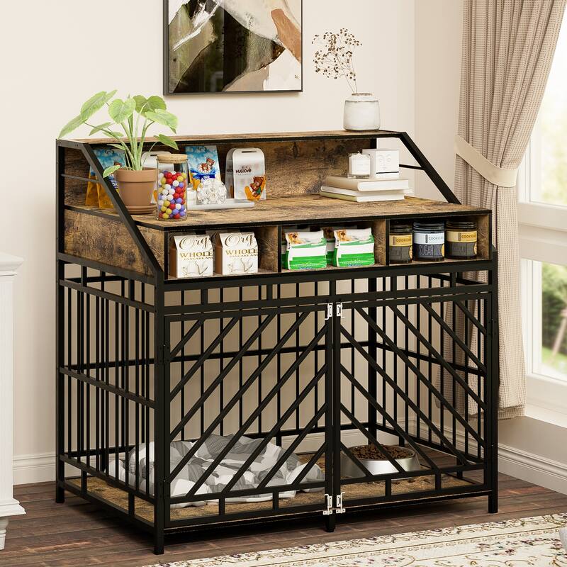 43.3 inch Dog Crate for Large Dogs,Wooden Dog Crate with Divider,Double Door Dog Kennel with 3 Drawers,Heavy Duty Dogs House