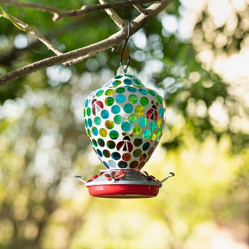 Glitzhome 8.25"H Glass Hanging Dots & Ladybugs Mosaic Birdfeeder