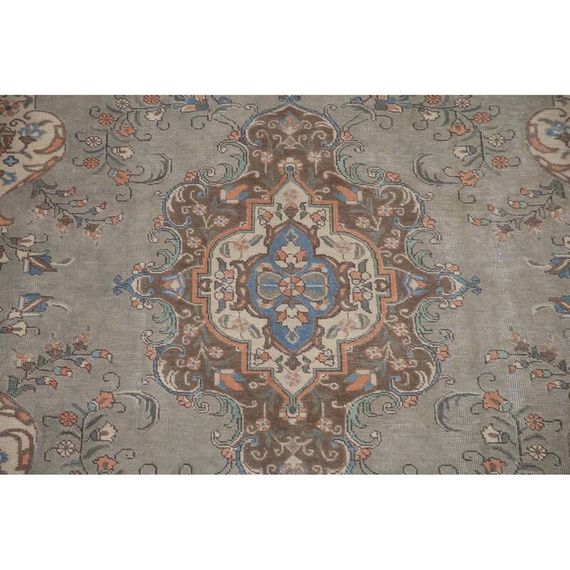 Hand Knotted Oriental 100% Wool Carpet Traditional Medallion Greys & Charcoal Tabriz Area Rug - 10' 9'' X 7' 2''