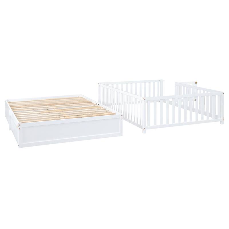 Pine Wood Daybed Floor Bed Frame with Fence Guardrails and 2 Drawers, Converts into Two Individual Beds, No Box Spring Needed