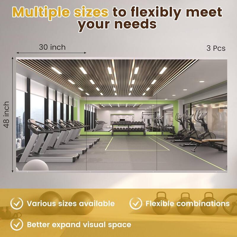 Full Length Tempered Glass Mirror - Rectangular Wall Mirror for Yoga, Gym & Dance Studio(Set of 2/3)