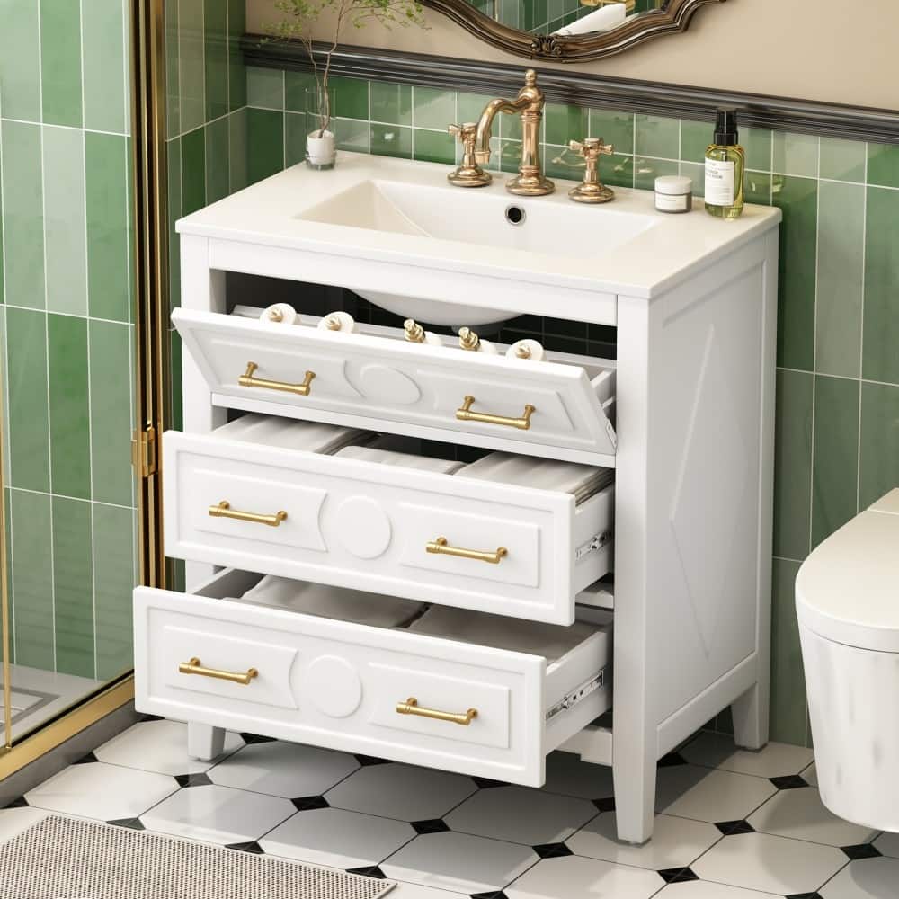30'' Wooden Bathroom Vanity with Ceramic Sink Combo and Storage Cabinet