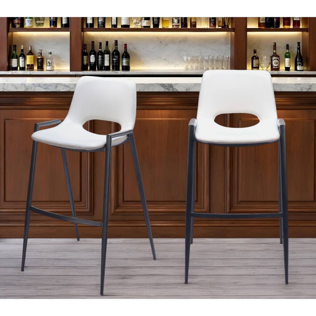 HomeRoots Set of Two 30" White and Black Faux Leather and Steel Low Back Bar Height Bar Chairs