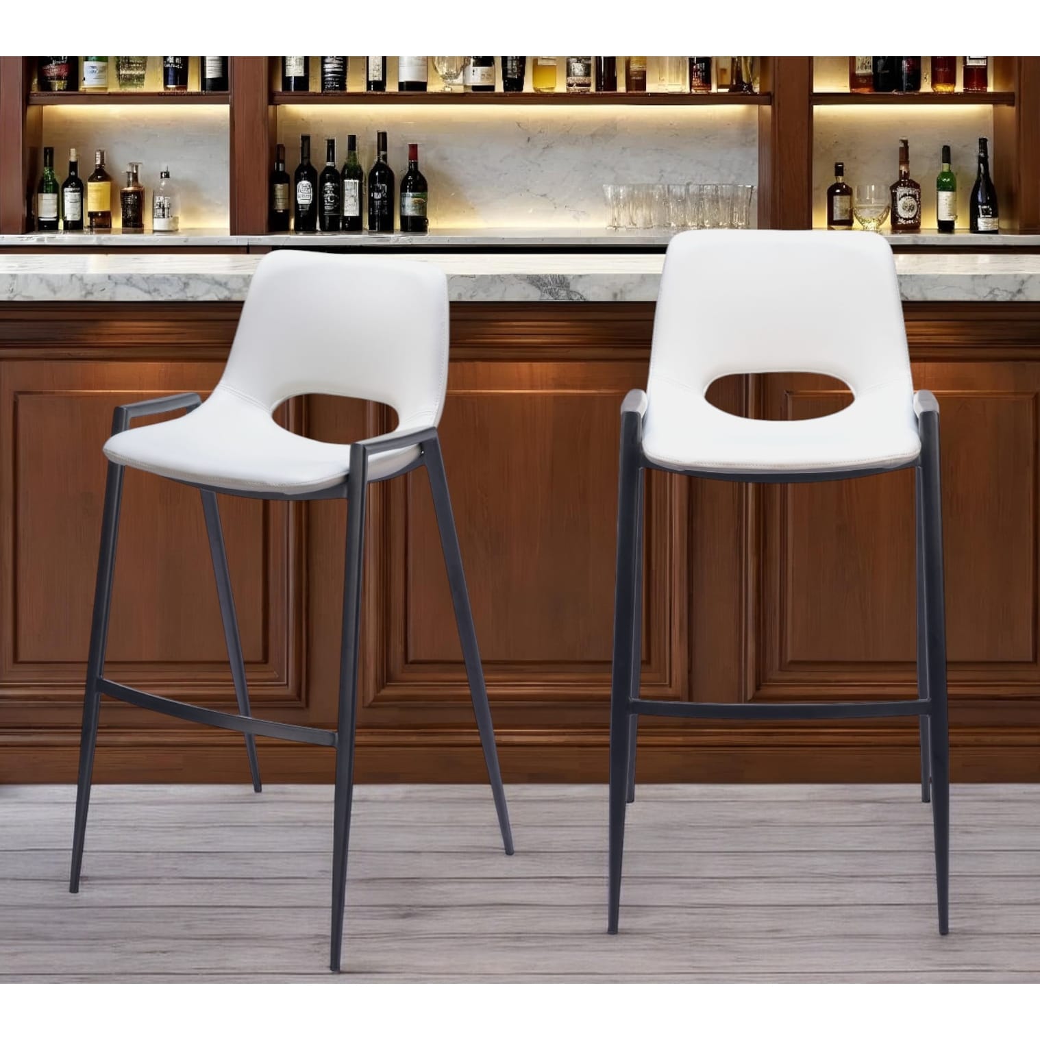 HomeRoots Set of Two 30" White and Black Faux Leather and Steel Low Back Bar Height Bar Chairs