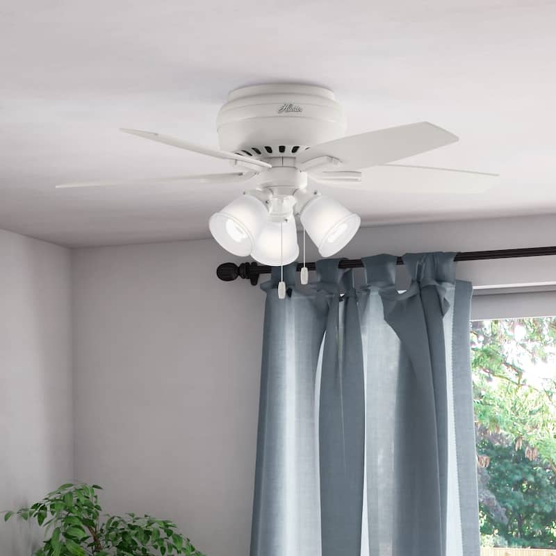Hunter 42" Newsome Flush Mount Ceiling Fan w/ 3-Light LED Light Kit and Pull Chain - Transitional, Casual - Low Profile! - Fresh White