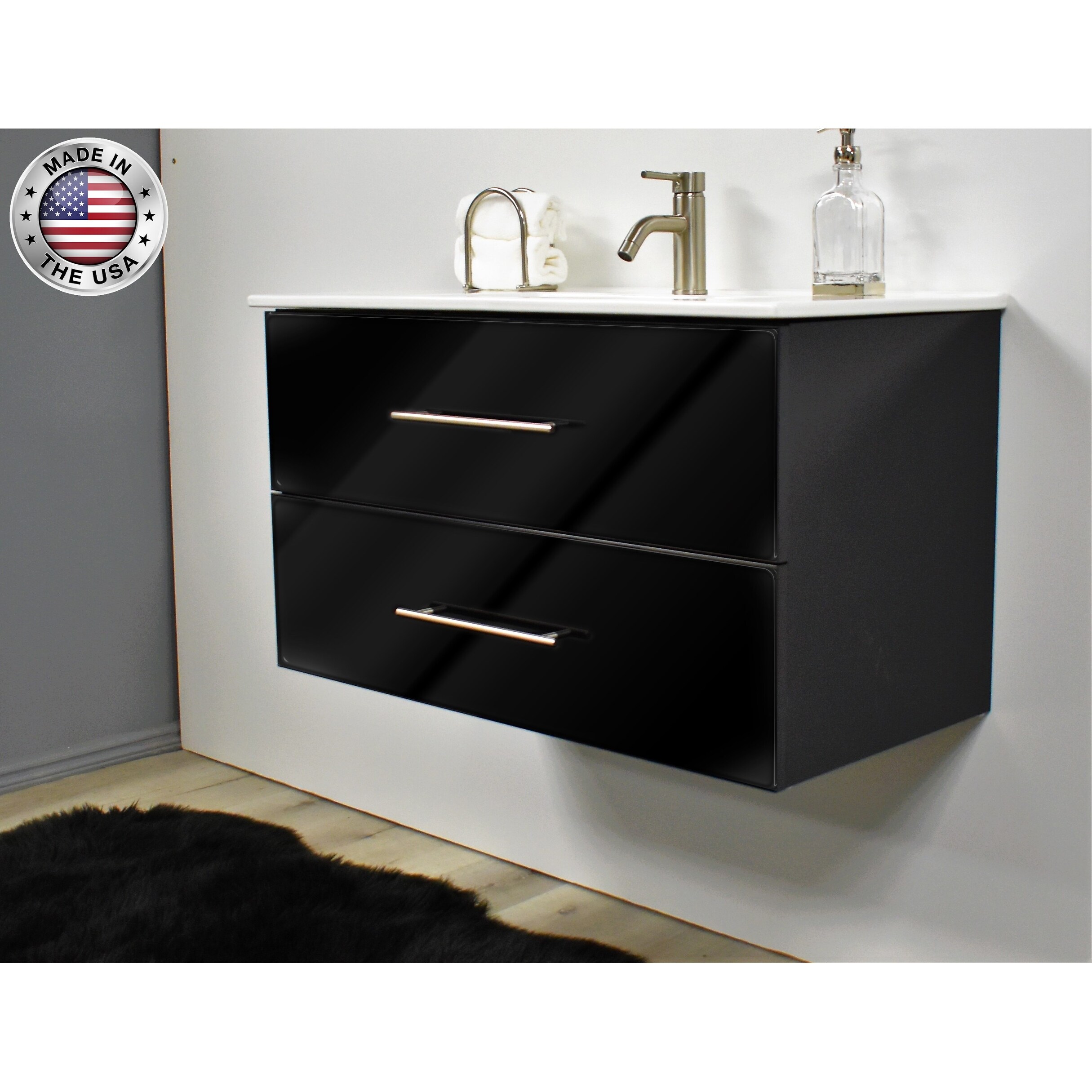 Shop Volpa Usa Napa 36 Inch Wall Mounted Floating Bathroom Vanity Set In Glossy Black Overstock 32207300