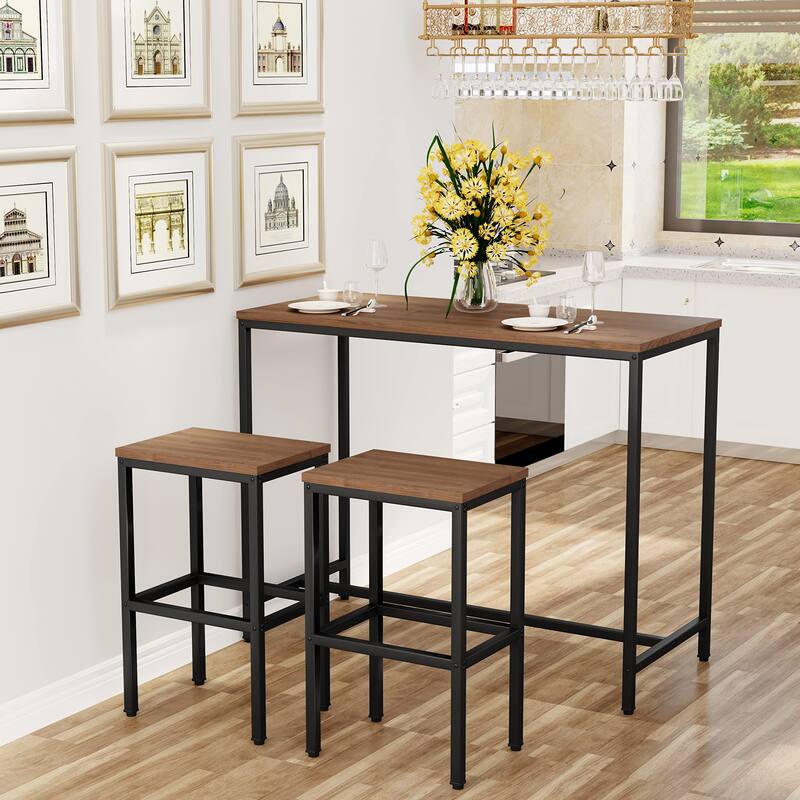 Bar Table and Chairs Set 44" Dining Table Set Pub Bar Table with 2 Stools 3-Piece Kitchen Breakfast Table Set for Living Room