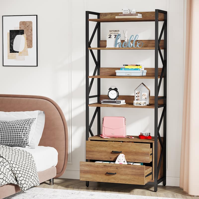 70.8" Bookshelf with 2 Drawers and open shelves, Industrial Bookcase with 2 Drawers