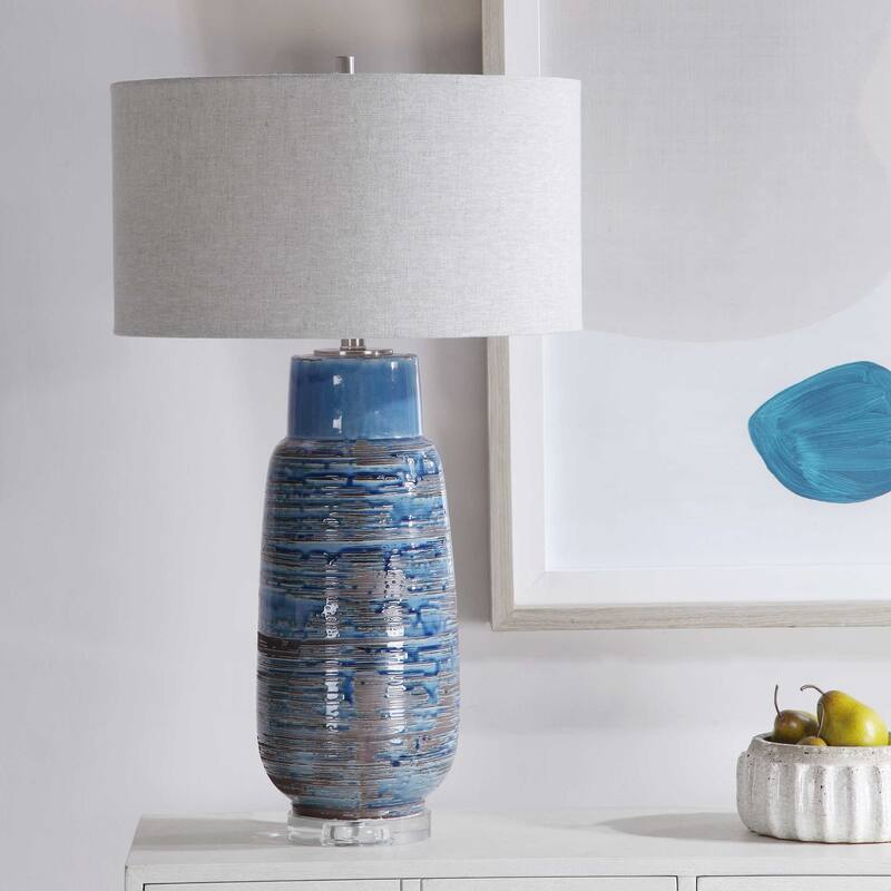 Drip Glaze Ceramic Base Table Lamp with Gray Round Hardback Shade - 31.5" - Blue and Brown