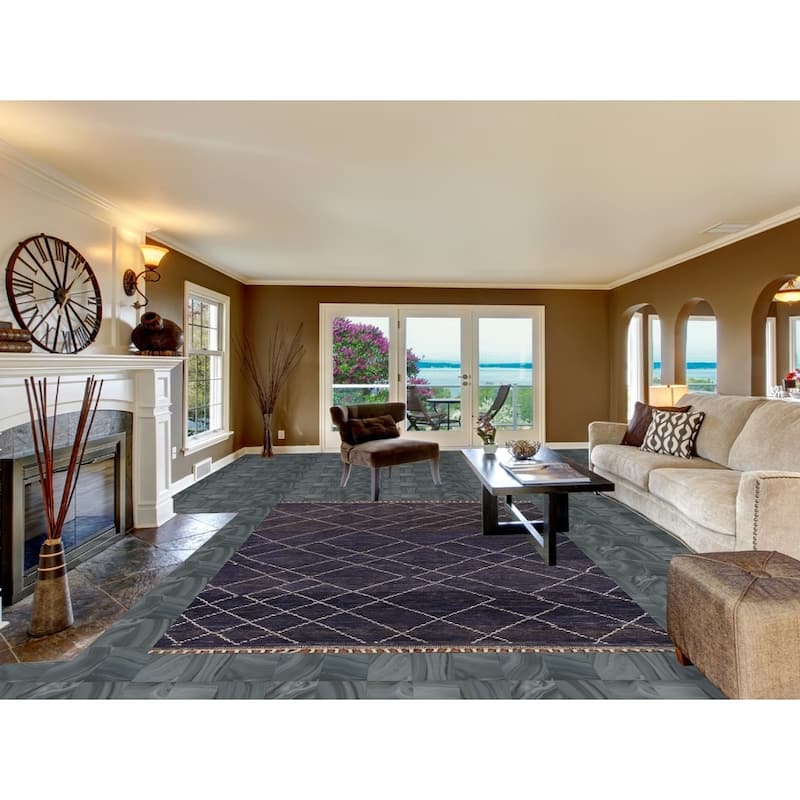 Navy Blue Trellis Moroccan Area Rug Hand-Knotted Wool Carpet - 6'9"x 10'5"